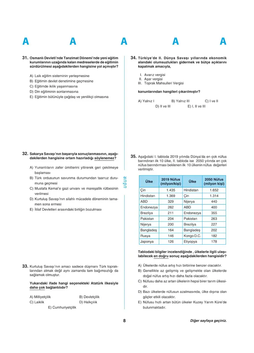 Uğur Okulları YKS - AYT deneme sınavı 7 Uğur Okulları YKS - AYT deneme sınavı 7