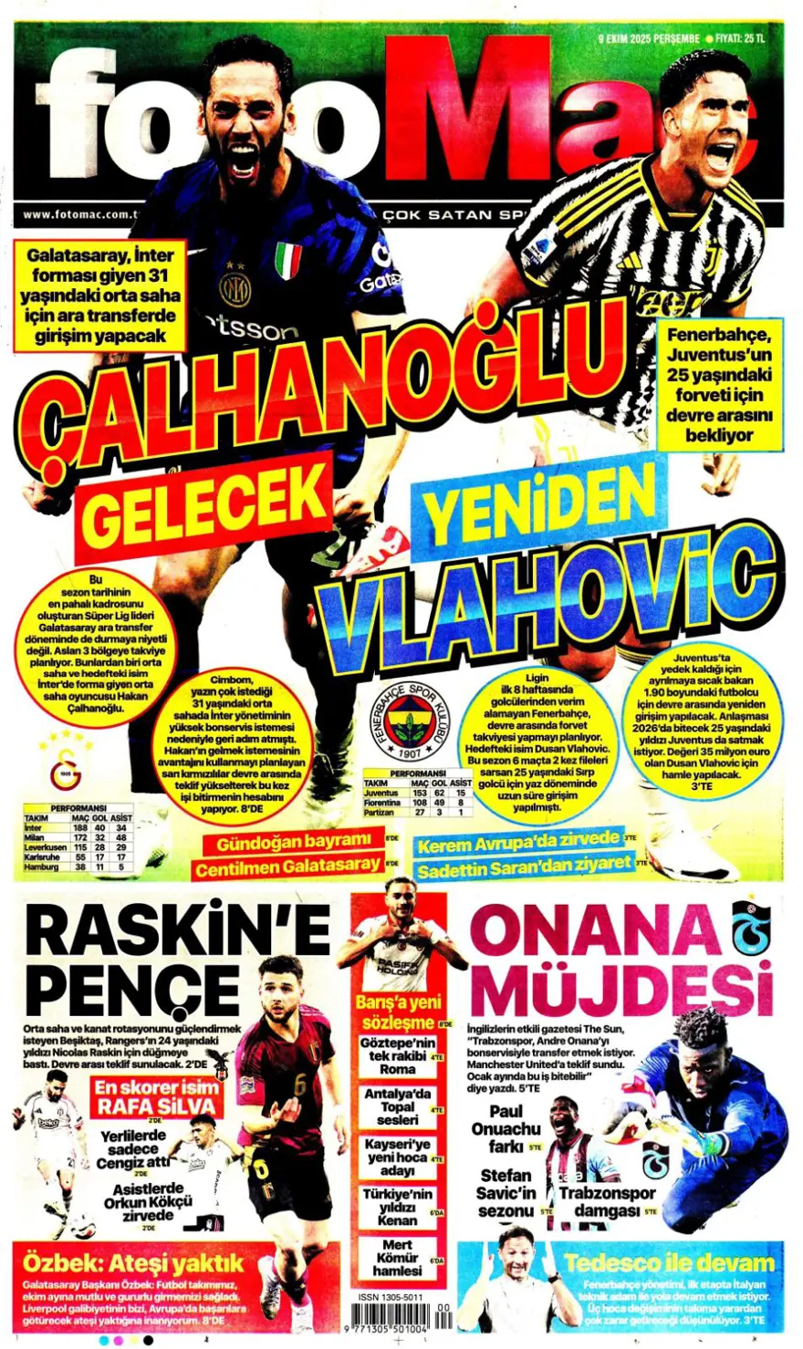 "Milano'da Hakan görüşmesi" (9 Ekim 2025 spor manşetleri) 3 "Milano'da Hakan görüşmesi" (9 Ekim 2025 spor manşetleri) 3