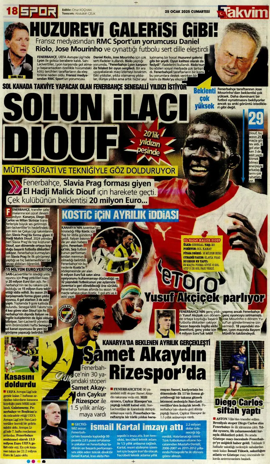 "Aslan'dan Talisca atağı" (25 Ocak 2025 spor manşetleri) 1
