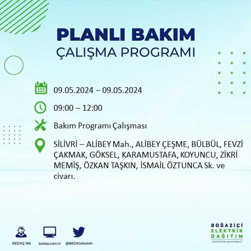 İstanbul'un 18 ilçesinde elektrik kesintisi: Elektrikler ne zaman gelecek? (9 Mayıs tarihli BEDAŞ kesinti programı) 54 İstanbul'un 18 ilçesinde elektrik kesintisi: Elektrikler ne zaman gelecek? (9 Mayıs tarihli BEDAŞ kesinti programı) 54