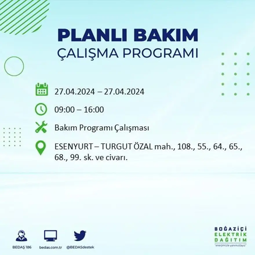 İstanbul'un 20 ilçesinde elektrik kesintisi: Elektrikler ne zaman gelecek? (27 Nisan tarihli BEDAŞ kesinti programı) 22 İstanbul'un 20 ilçesinde elektrik kesintisi: Elektrikler ne zaman gelecek? (27 Nisan tarihli BEDAŞ kesinti programı) 22
