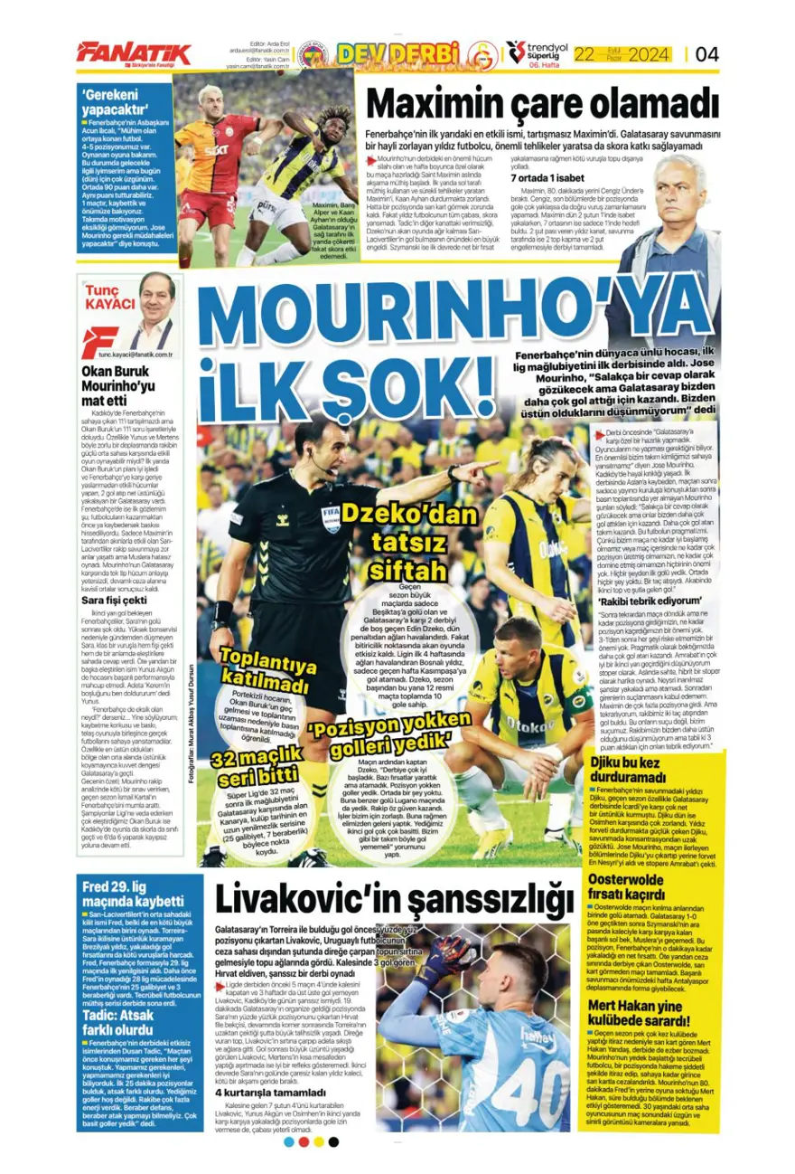 "Kadıköy Aslan'ı Galatasaray" (22 Eylül 2024 spor manşetleri) 6