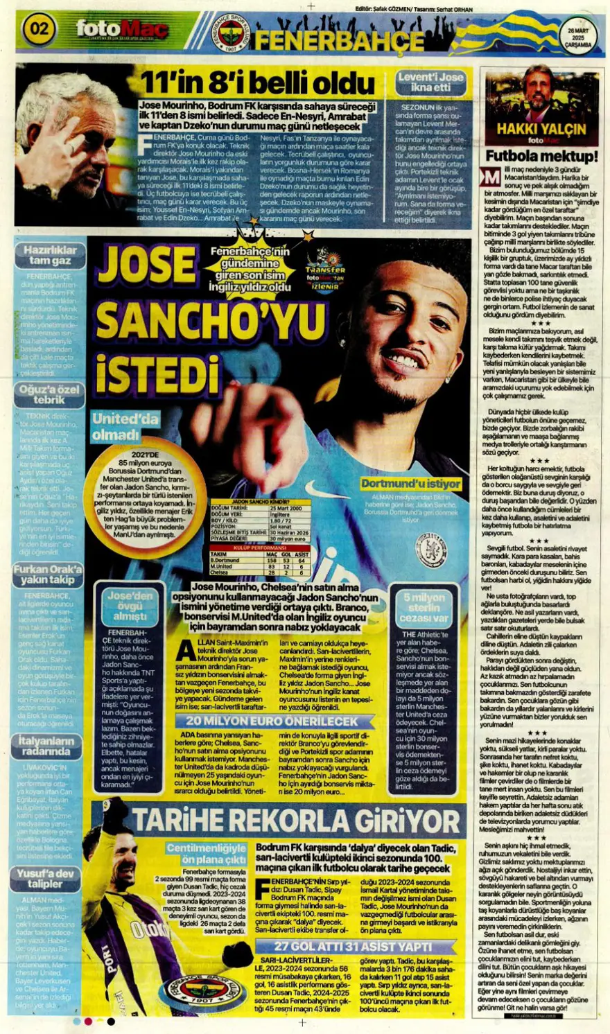 "Mourinho, Sancho'yu istedi" (26 Mart 2025 spor manşetleri) 