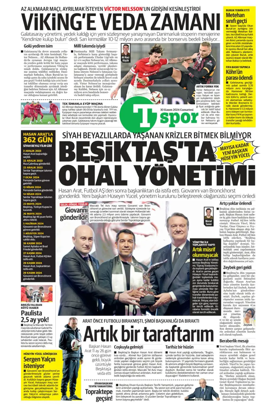 "Yeni başkan, yeni hoca" (30 Kasım 2024 spor manşetleri) 12