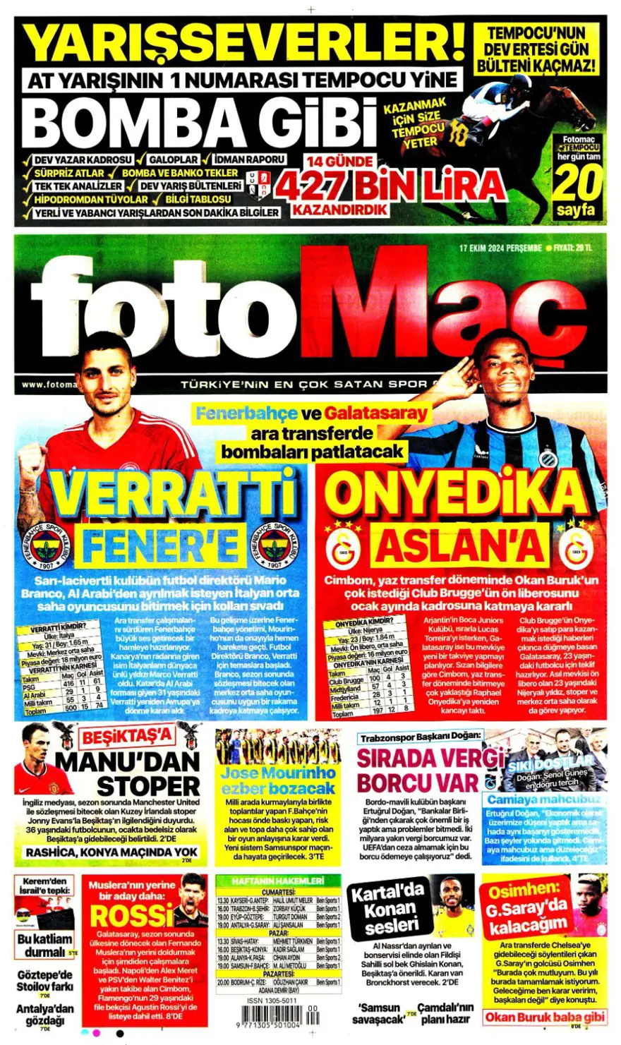 “İtalyan orta saha Fener'e” (17 Ekim 2024 spor manşetleri) 