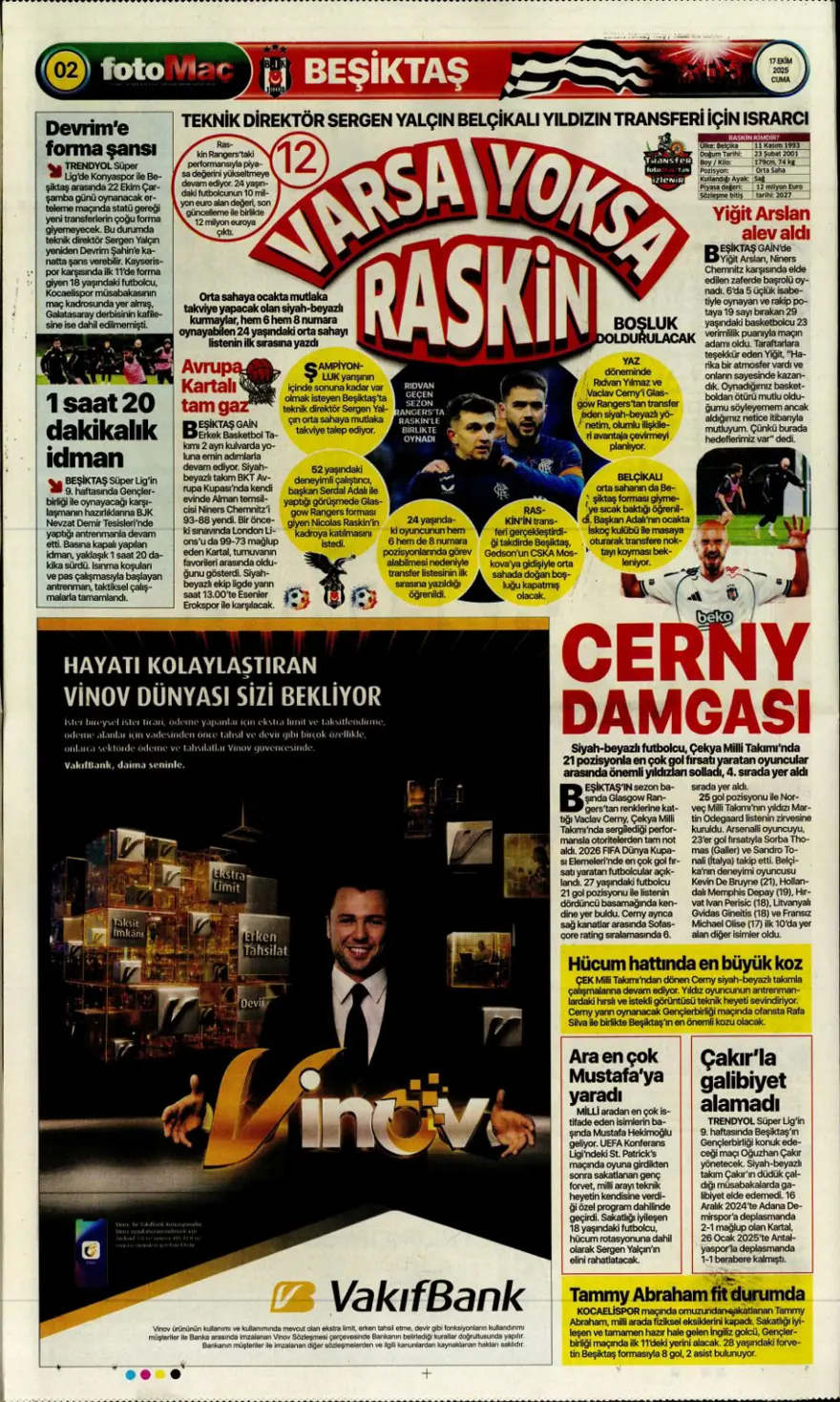 "Savic derbisi" (17 Ekim 2025 spor manşetleri) 4
