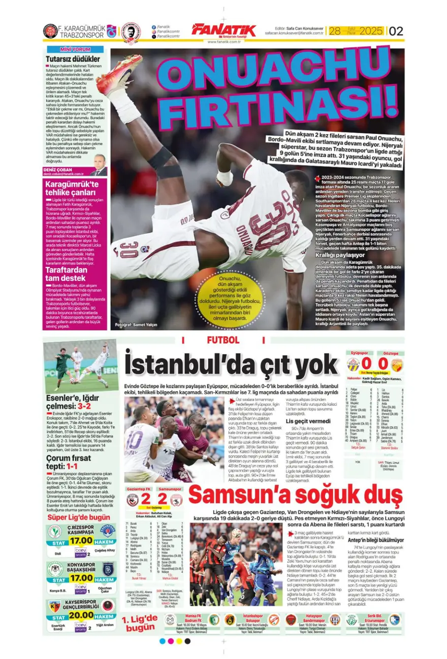 "Fenerbahçe'nin kader gecesi" (28 Eylül 2025 spor manşetleri) 7