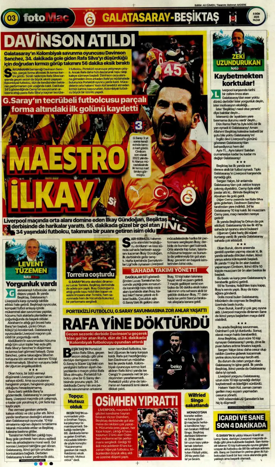 "Kartal salladı, Aslan yıkılmadı" (5 Ekim 2025 spor manşetleri) 5