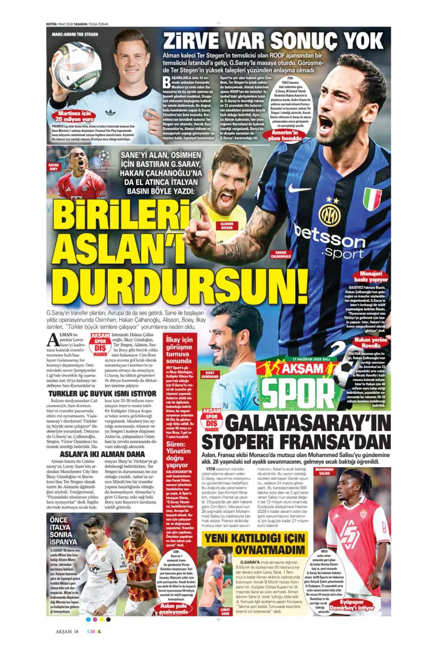 "Çalhanoğlu geri sayımı" (17 Haziran 2025 spor manşetleri) 6