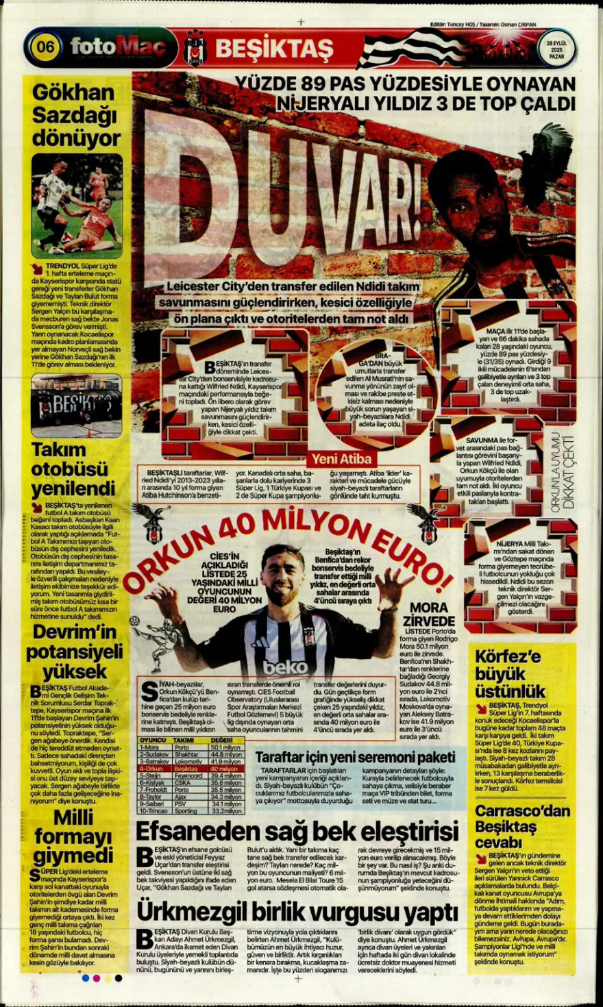 "Fenerbahçe'nin kader gecesi" (28 Eylül 2025 spor manşetleri) 10