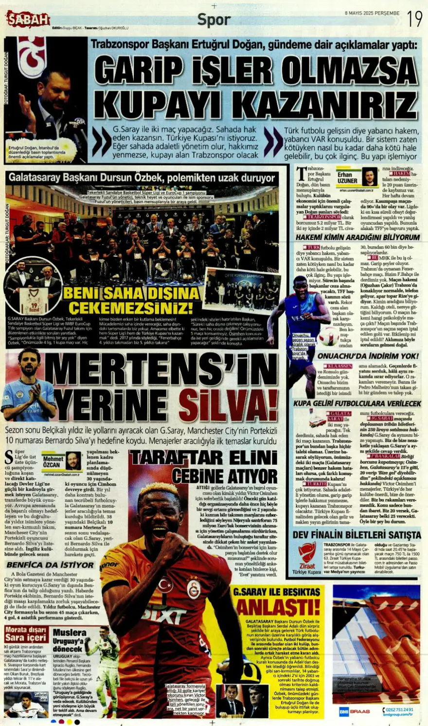 "Alacağım yok, borcum var" (8 Mayıs 2025 spor manşetleri) 17