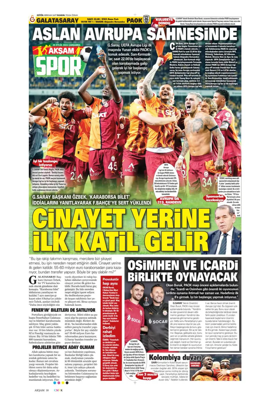 "Aslan için av vakti" (25 Eylül 2024 spor manşetleri) 2
