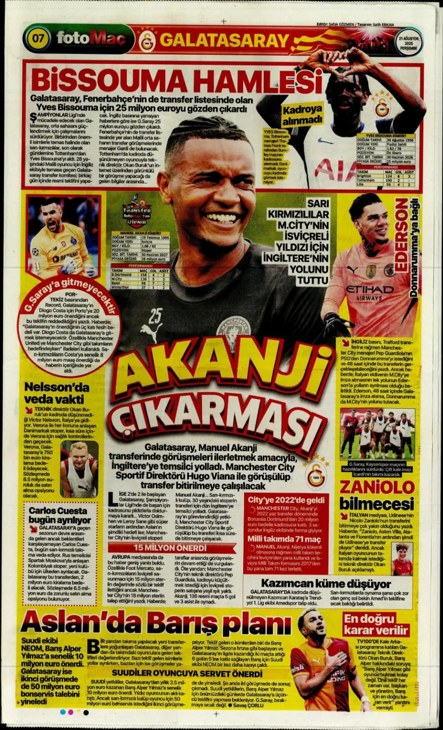 "Akanji müjdesi" (21 Ağustos spor manşetleri) 15