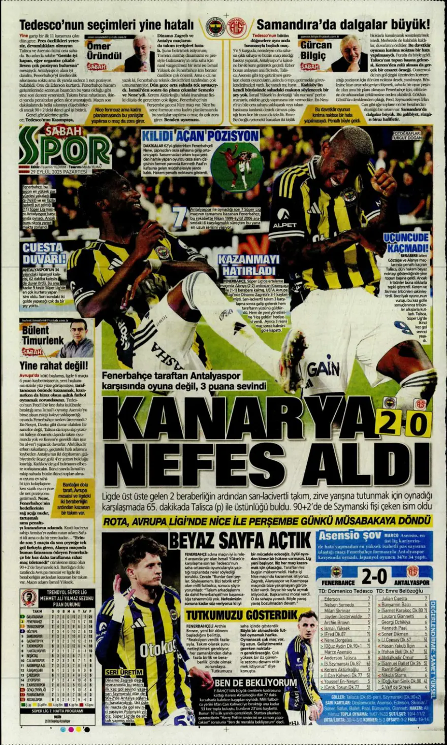 "Hayata dönüş" (29 Eylül 2025 spor manşetleri) 17