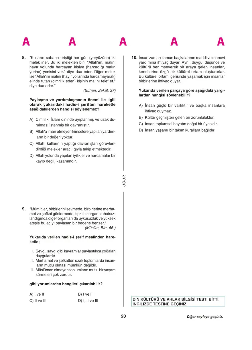 Uğur Okulları LGS deneme sınavı (Sözel bölüm) 19