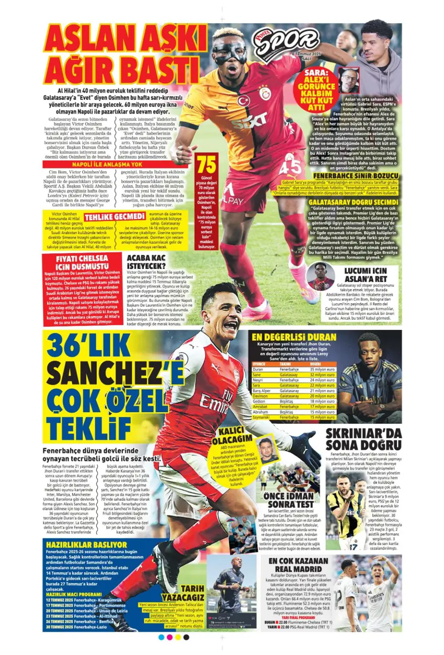 "100 milyon euro paniği" (8 Temmuz 2025 spor manşetleri) 15