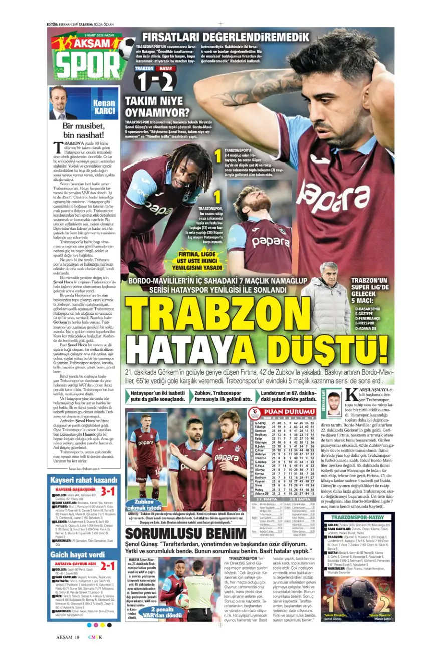 "1 numaralı büyük plan" (9 Mart 2025 spor manşetleri) 1