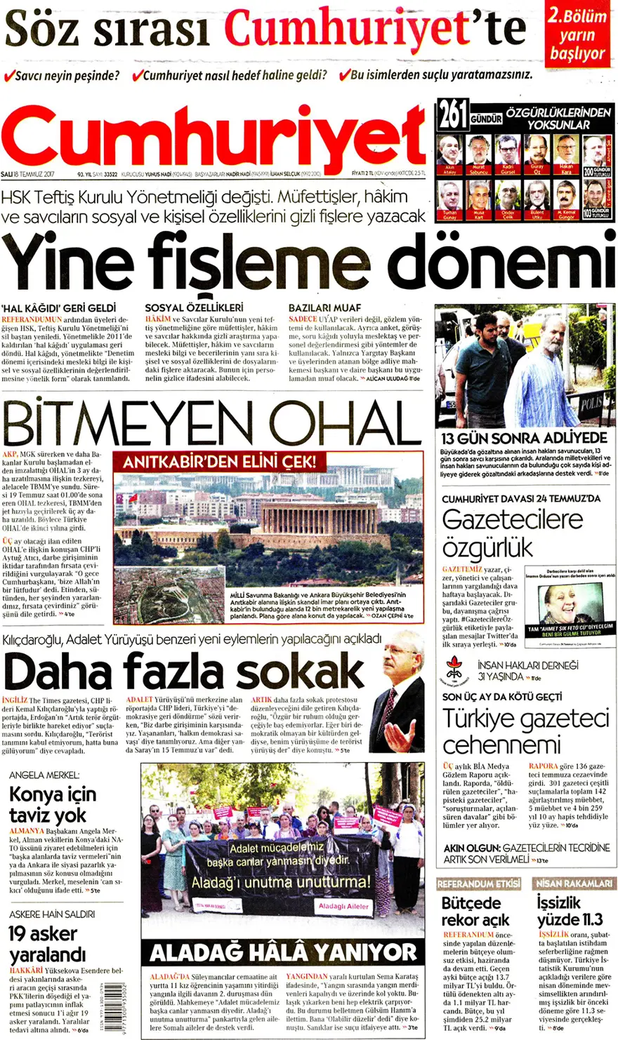 Günün gazete manşetleri - 18 Temmuz 2017 11