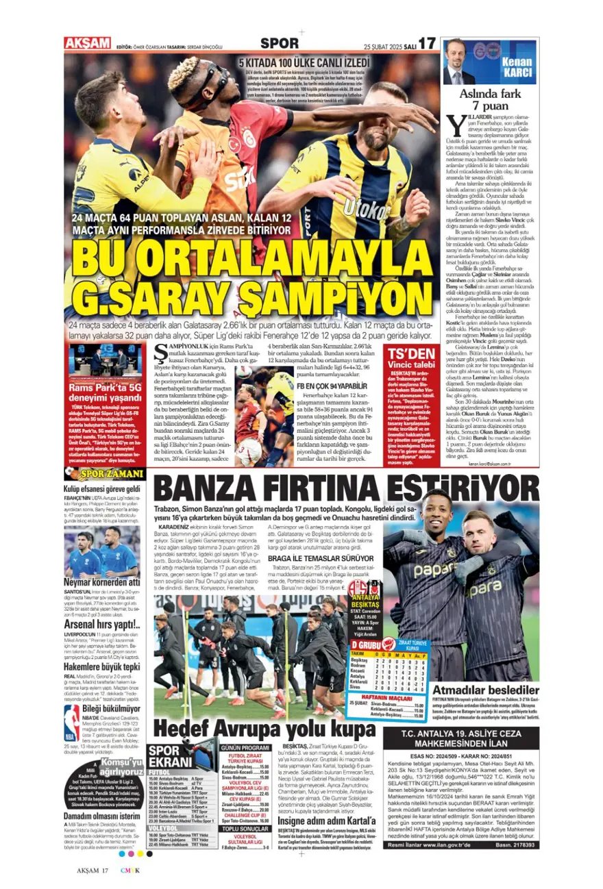 "Aslantepe'de sessiz derbi" (25 Şubat spor manşetleri) 38