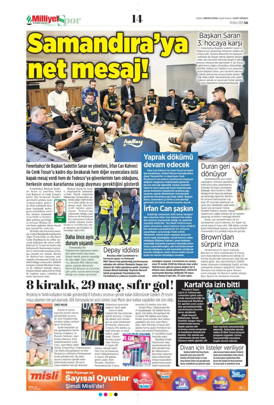 "Gürcistan'ı yen Play-off'u gör" (14 Ekim 2025 spor manşetleri) 14