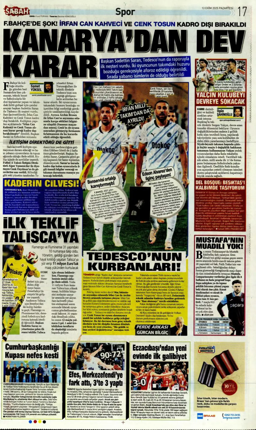 "Bayern'in dinamosu Fener'e..." (13 Ekim 2025 spor manşetleri) 15