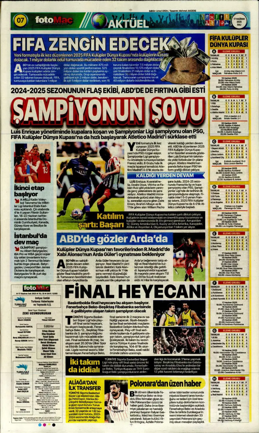 "Çalhanoğlu geri sayımı" (17 Haziran 2025 spor manşetleri) 14
