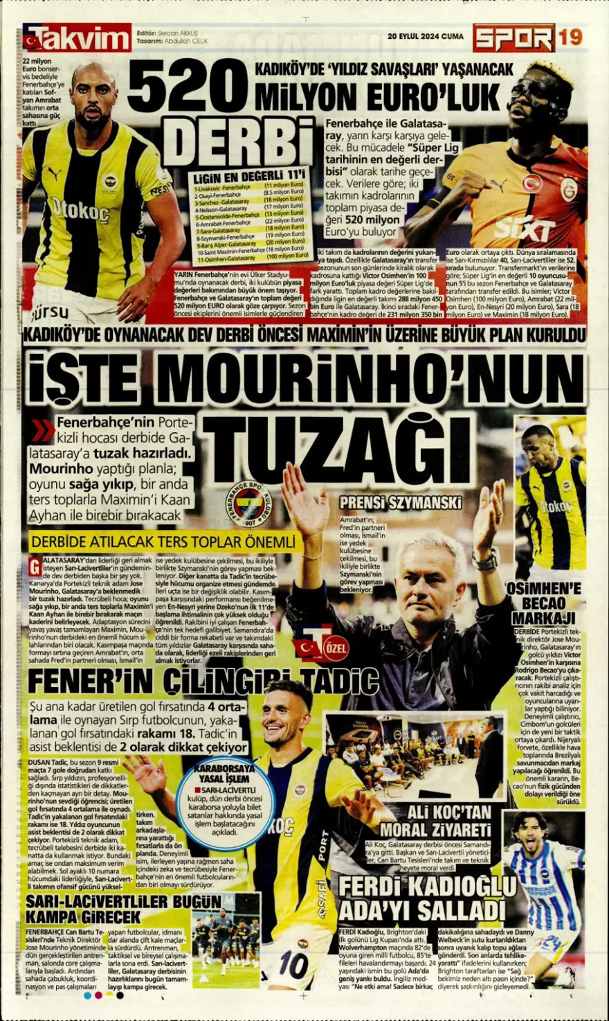 "520 milyon euroluk derbi" (20 Eylül 2024 spor manşetleri) 