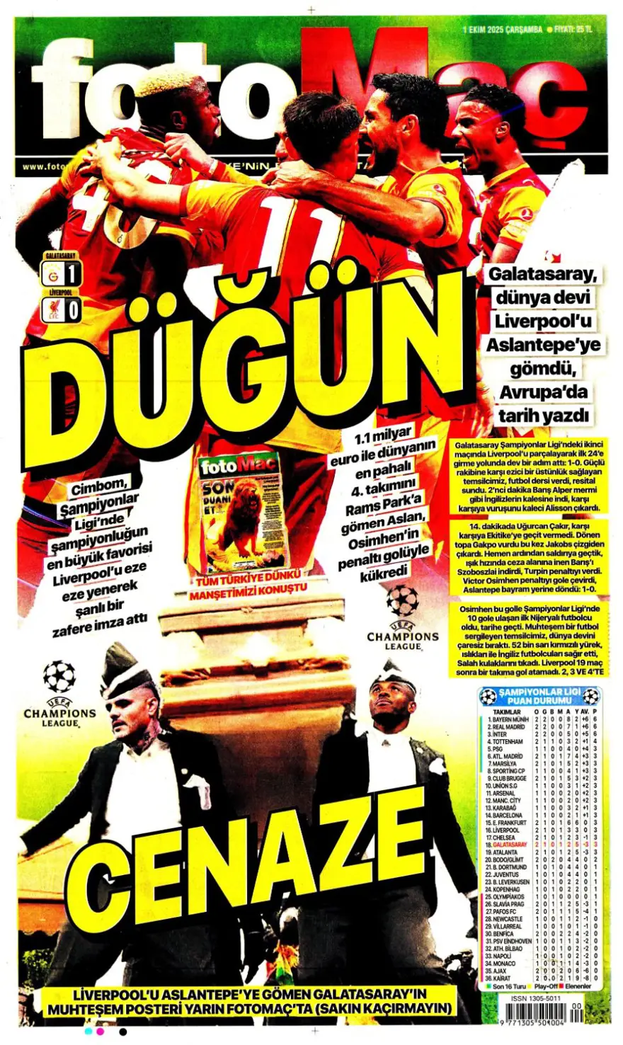 "Adı Aslan, işi destan" (1 Ekim 2025 spor manşetleri) 3