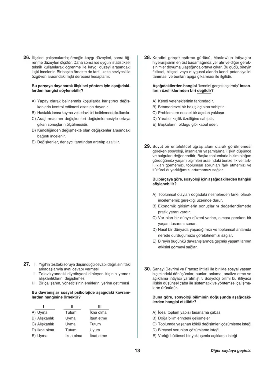 Uğur Okulları AYT -1 deneme sınavı 12