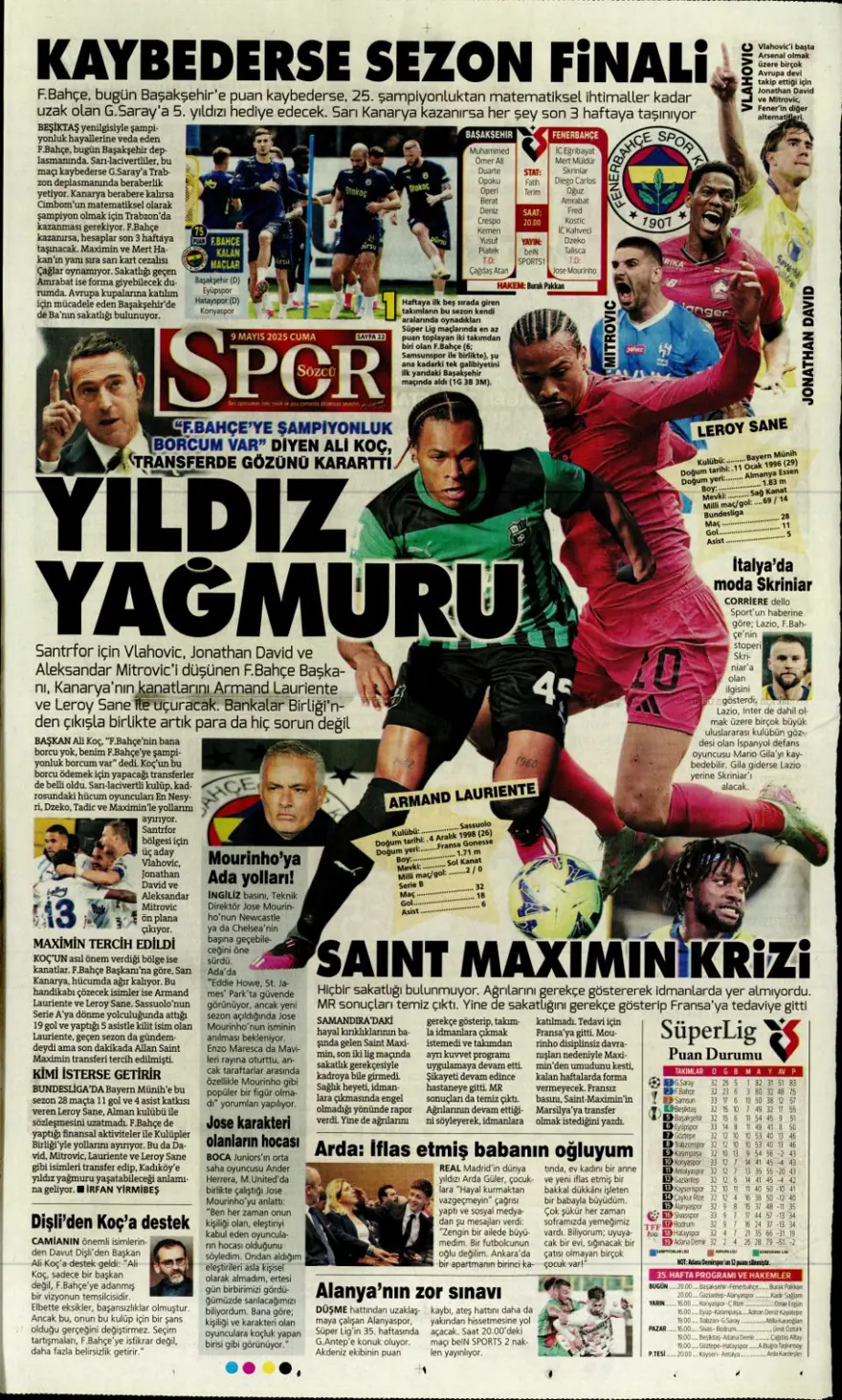 "Galatasaray 10'un peşini bırakmıyor" (9 Mayıs 2025 spor manşetleri) 28