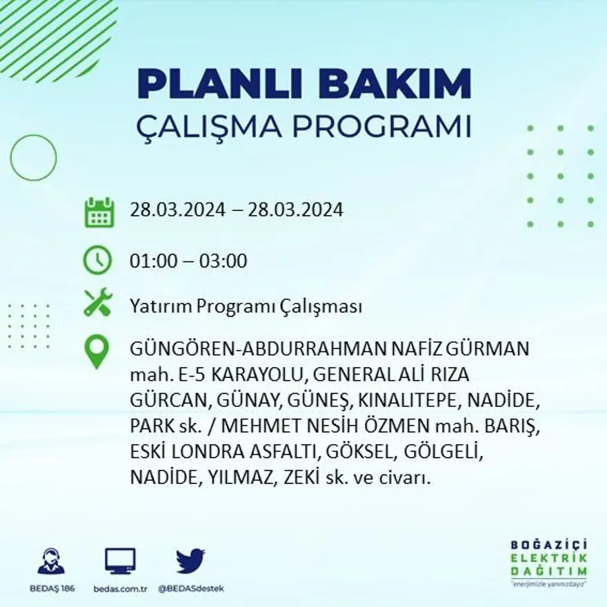 İstanbul'un 19 ilçesinde elektrik kesintisi: Elektrikler ne zaman gelecek? (28 Mart tarihli BEDAŞ kesinti programı) 30