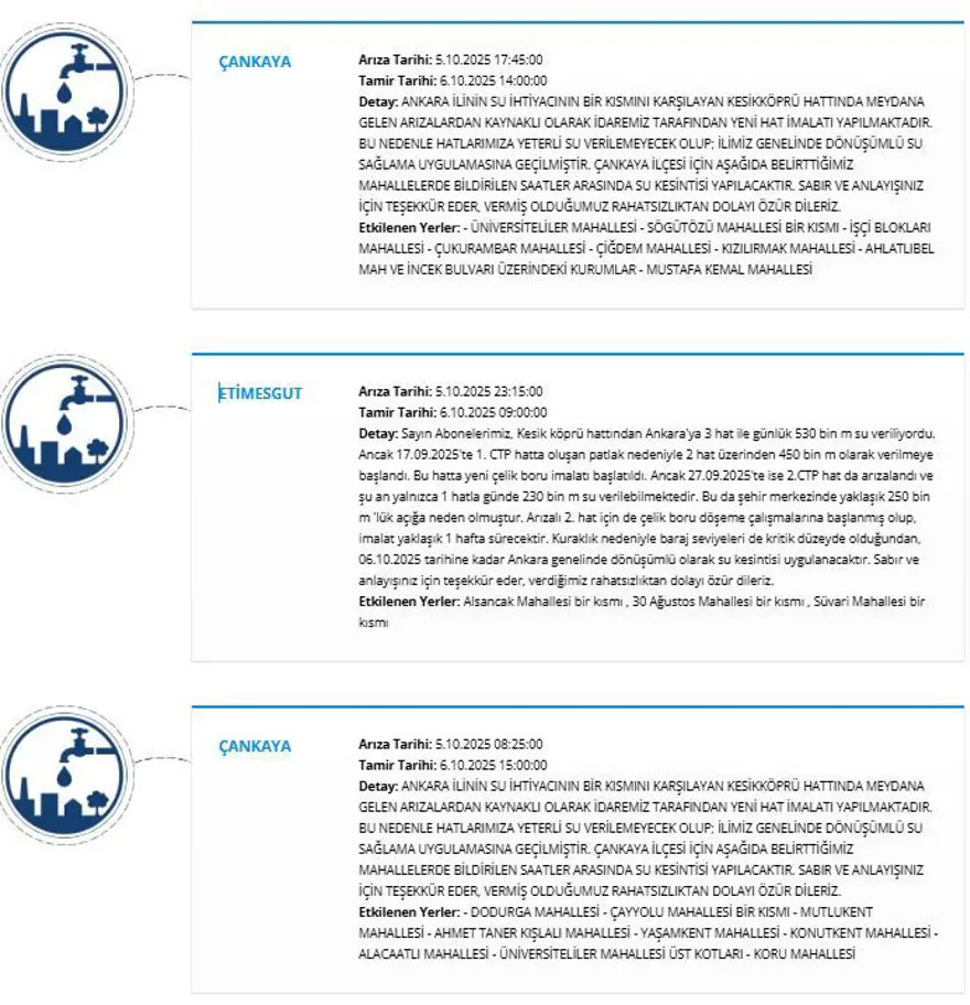 Ankara'nın 7 ilçesinde su kesintisi: Sular ne zaman gelecek? (ASKİ 6 Ekim su kesintisi programı) 4