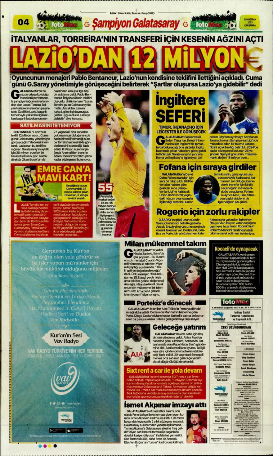 Günün spor manşetleri (28 Haziran 2023) 11