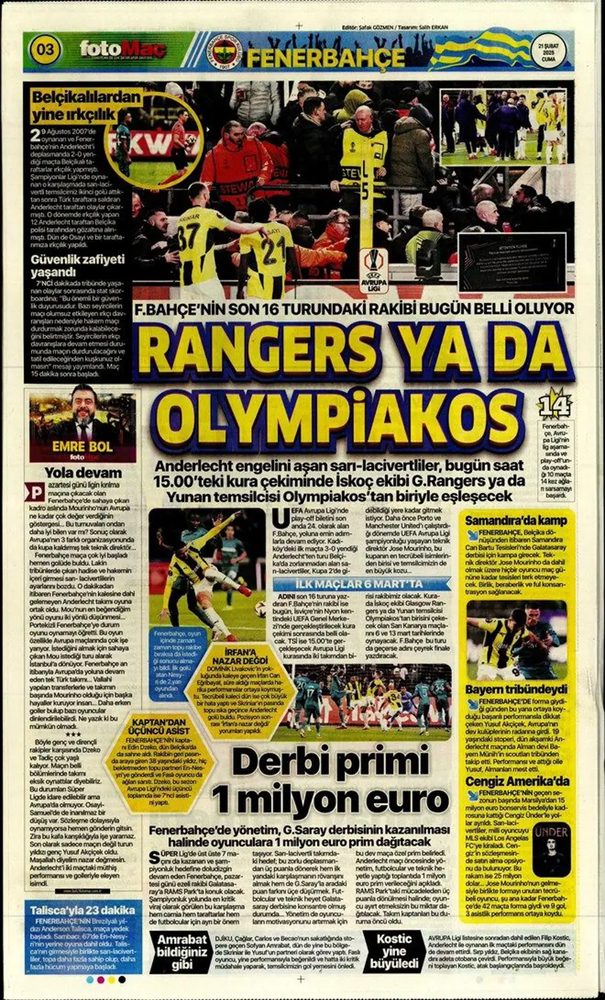 "Fener işi bitirdi" (21 Şubat 2025 spor manşetleri) 23