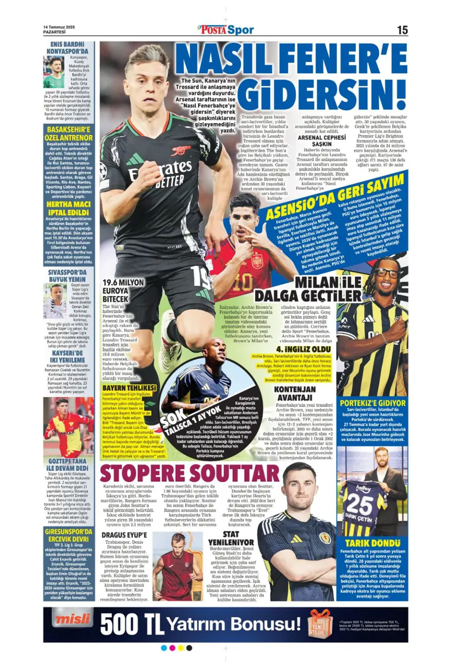 "Pasta Asensio, çilek Bissouma" (14 Temmuz 2025 spor manşetleri) 14