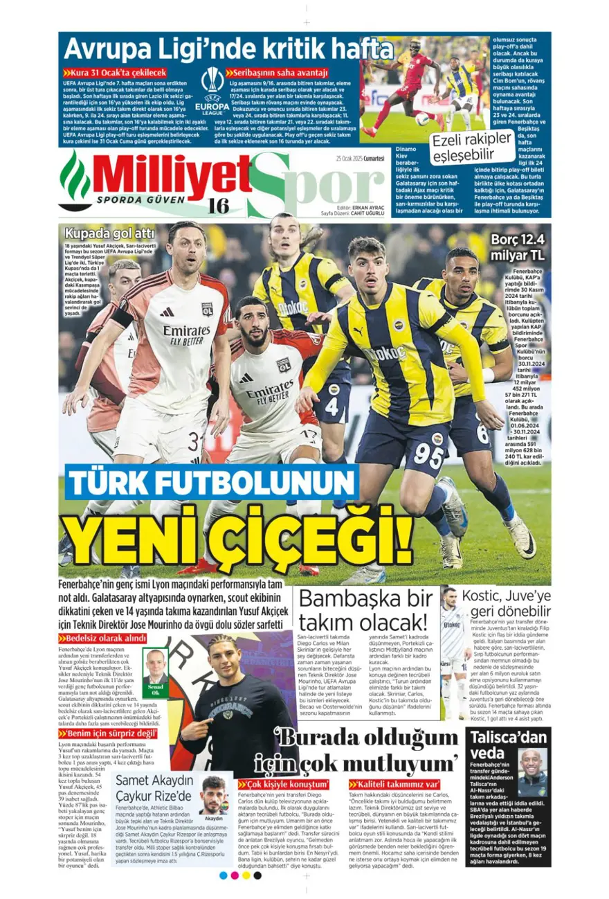 "Aslan'dan Talisca atağı" (25 Ocak 2025 spor manşetleri) 23