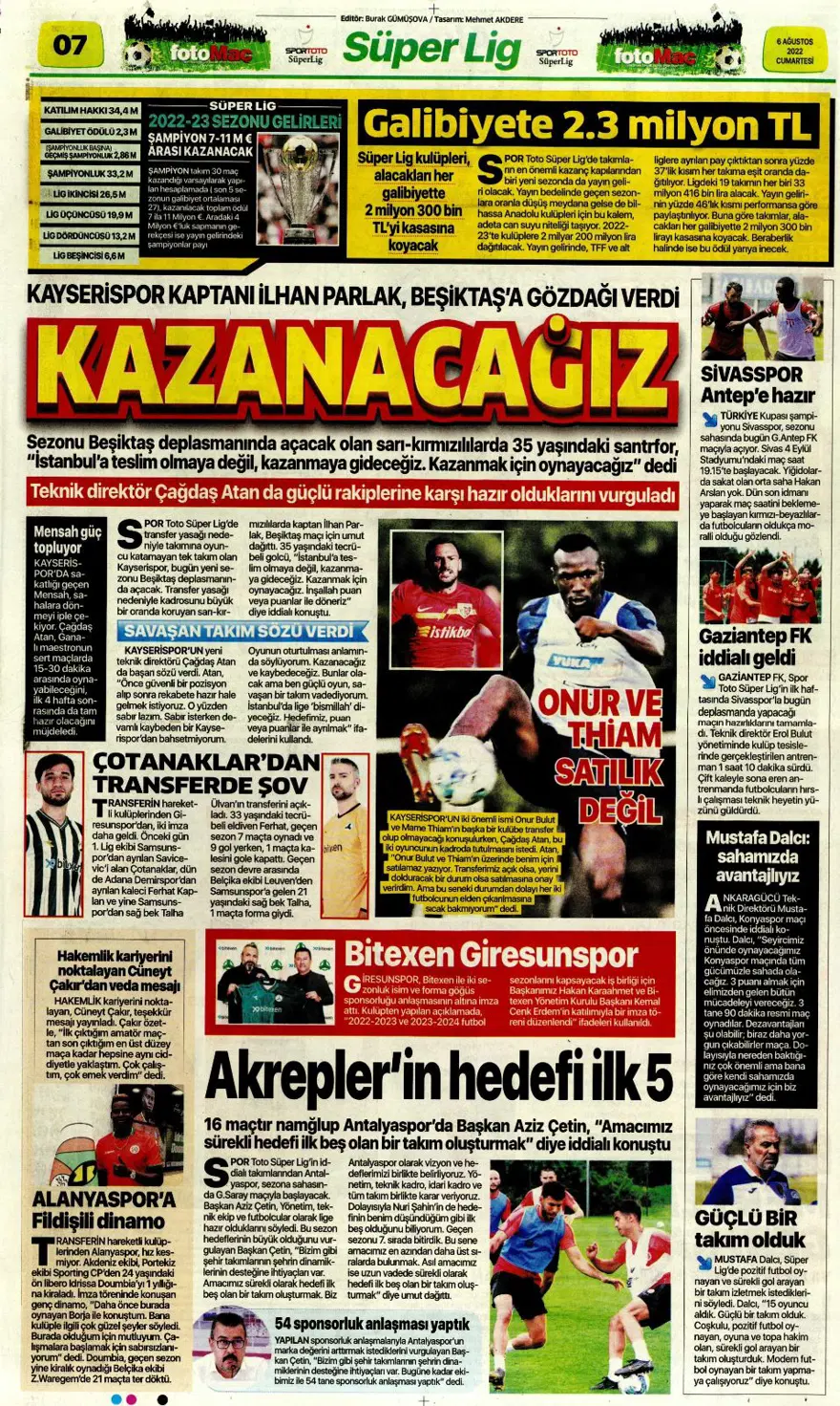 Günün spor manşetleri (6 Ağustos 2022) 6