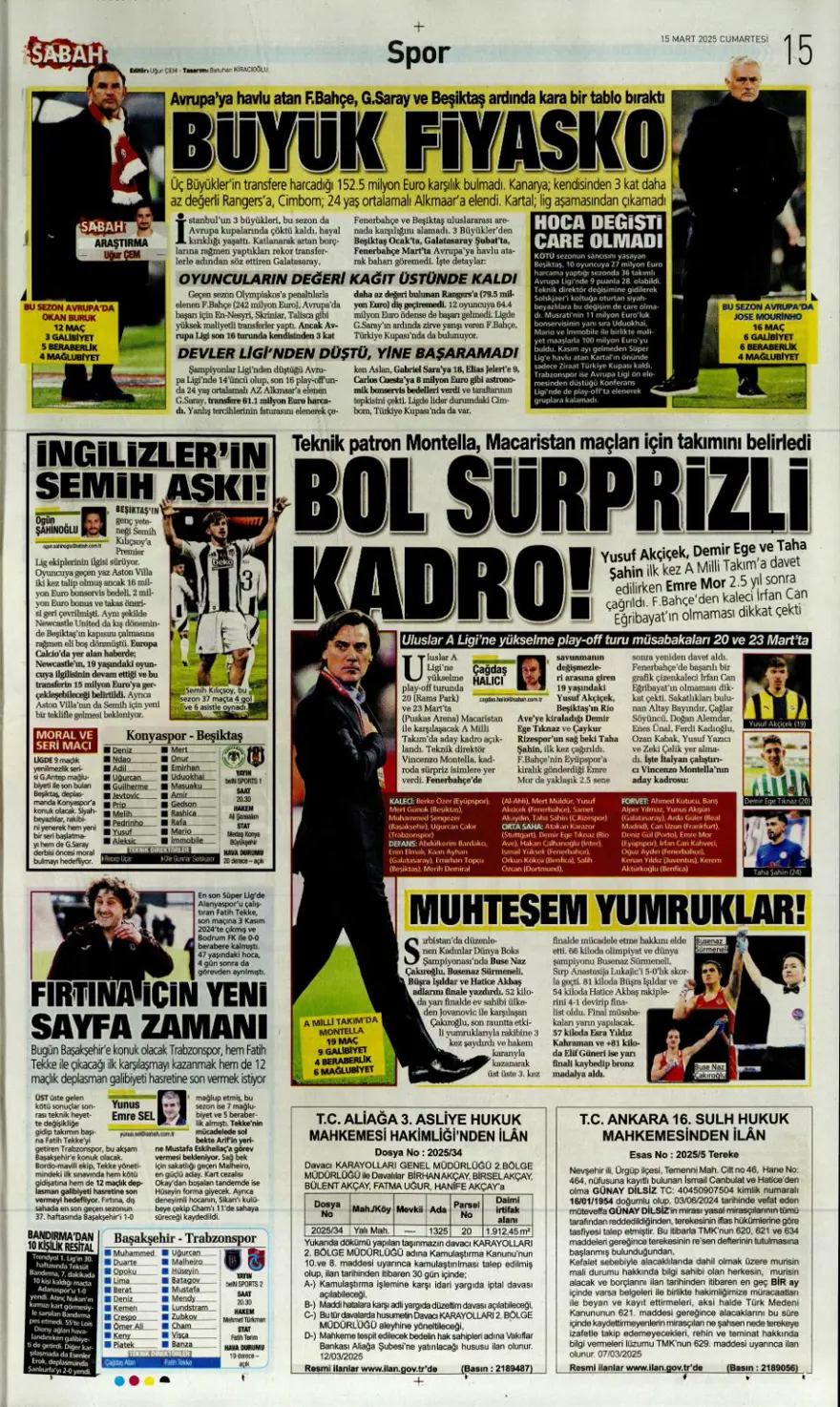 "Zirvede tek başına" (15 Mart 2025 spor manşetleri) 6