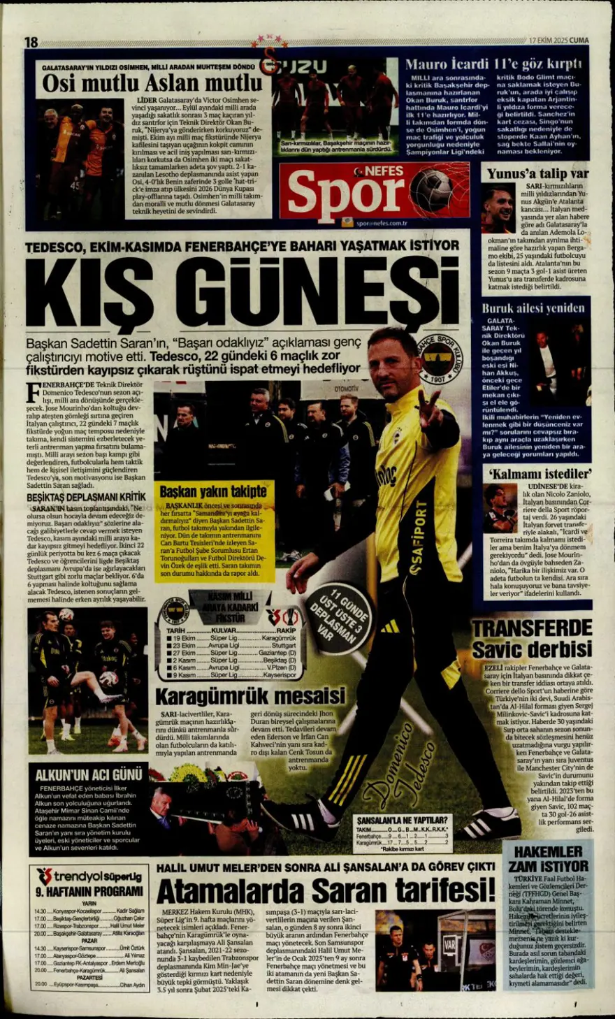 "Savic derbisi" (17 Ekim 2025 spor manşetleri) 9