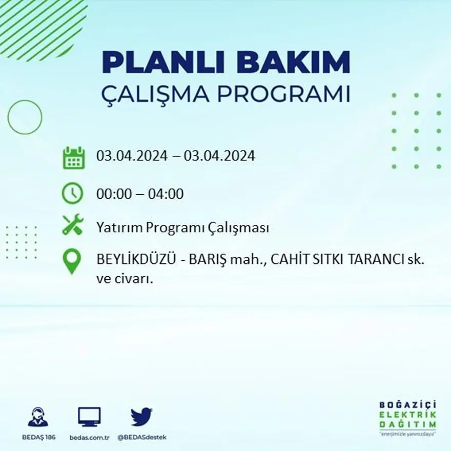 İstanbul'un 19 ilçesinde elektrik kesintisi: Elektrikler ne zaman gelecek? (3 Nisan tarihli BEDAŞ kesinti programı) 24