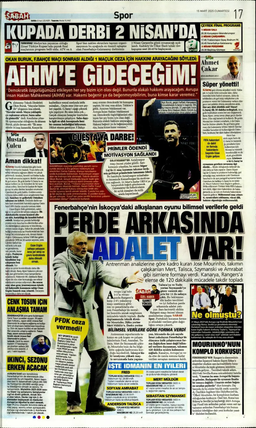 "Zirvede tek başına" (15 Mart 2025 spor manşetleri) 8