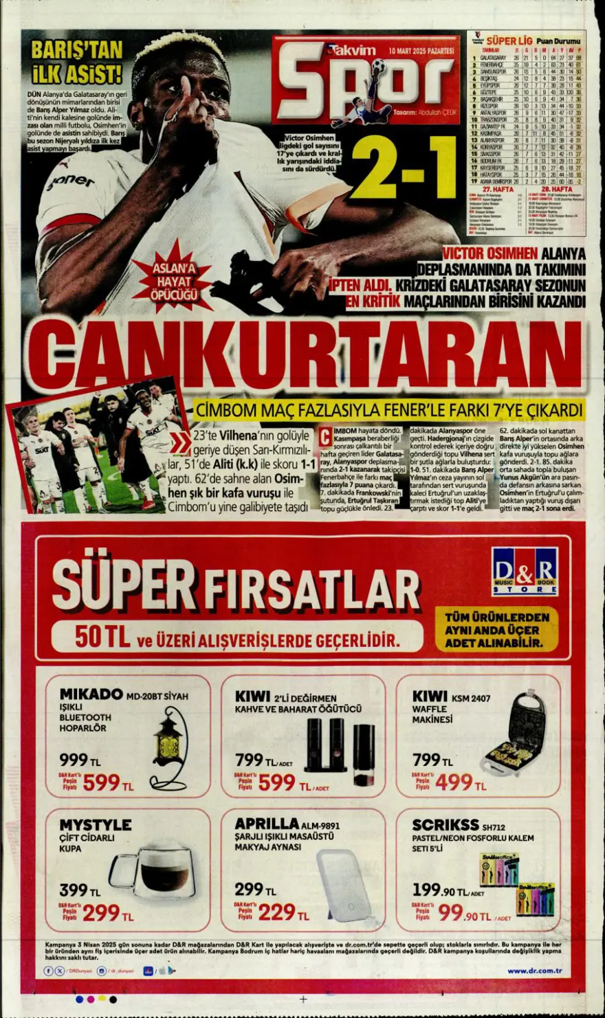 "Aslan kral kükredi" (10 Mart 2025 spor manşetleri) 15