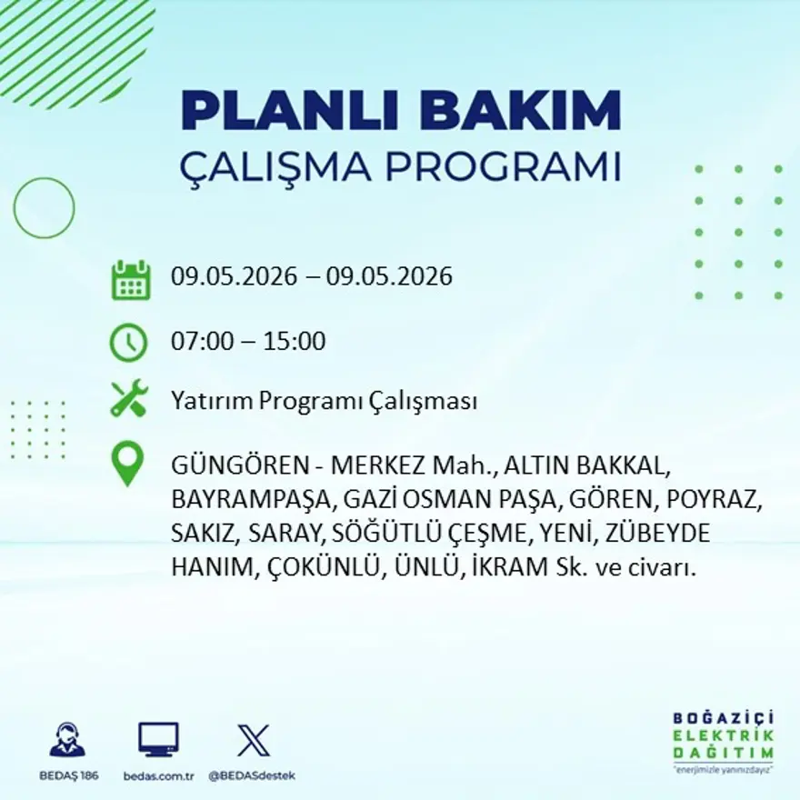 14 ilçeyi etkileyecek, 8 saat sürecek. İstanbul'un birçok bölgesinde elektrik kesintisi yaşanacak 5