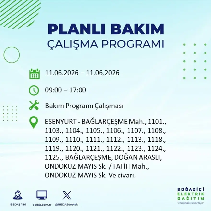 İstanbul’un 19 ilçesinde 9 saat sürecek elektrik kesintisi 10