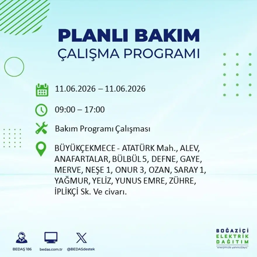 İstanbul’un 19 ilçesinde 9 saat sürecek elektrik kesintisi 19