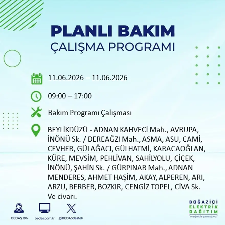 İstanbul’un 19 ilçesinde 9 saat sürecek elektrik kesintisi 6