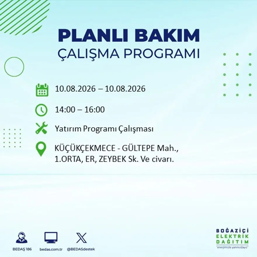 İstanbul'un 22 ilçesinde 9 saat elektrik kesintisi yaşanacak. 10 Ağustos BEDAŞ elektrik kesintisi programı 52 İstanbul'un 22 ilçesinde 9 saat elektrik kesintisi yaşanacak. 10 Ağustos BEDAŞ elektrik kesintisi programı 52