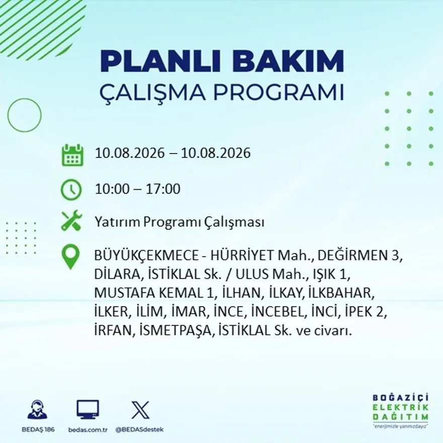İstanbul'un 22 ilçesinde 9 saat elektrik kesintisi yaşanacak. 10 Ağustos BEDAŞ elektrik kesintisi programı 16 İstanbul'un 22 ilçesinde 9 saat elektrik kesintisi yaşanacak. 10 Ağustos BEDAŞ elektrik kesintisi programı 16