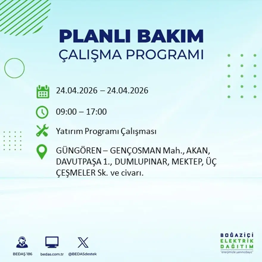 İstanbul'un birçok ilçesinde elektrik kesintisi yaşanacak. Tam 18 ilçe elektriksiz kalacak, 9 saat sürecek 22