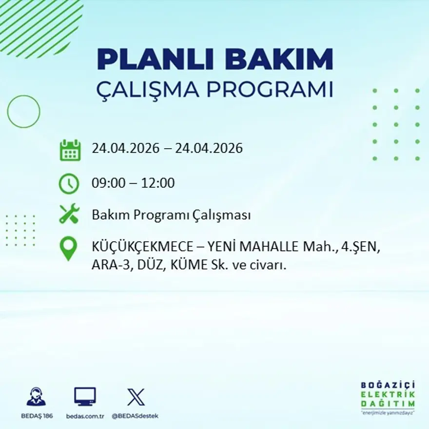 İstanbul'un birçok ilçesinde elektrik kesintisi yaşanacak. Tam 18 ilçe elektriksiz kalacak, 9 saat sürecek 26
